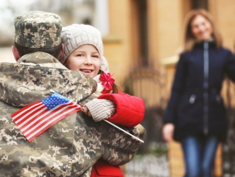 Happy reunion of soldier with family outdoors