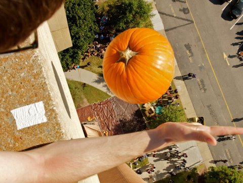 A bird’s-eye view of a pumpkin beginning its freefall in 2012.