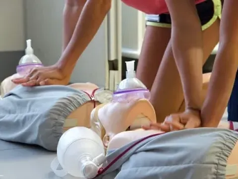 Students practice CPR on manikins.