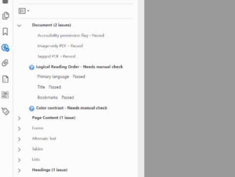 Screenshot showing the Adobe PDF Accessibility Checker resul