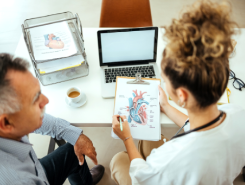 Doctor explains heart diagram to patient