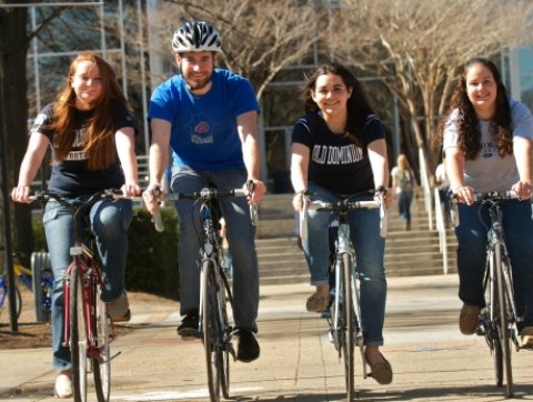 ODU students bicycling on campus