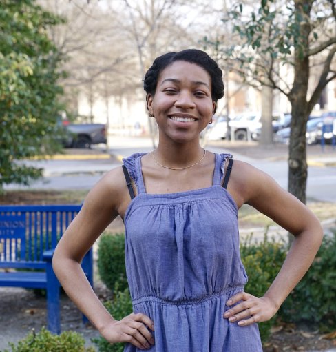 Jordan Narcisse photographed outside Old Dominion University’s Batten Arts and Letters Building, spring 2026.