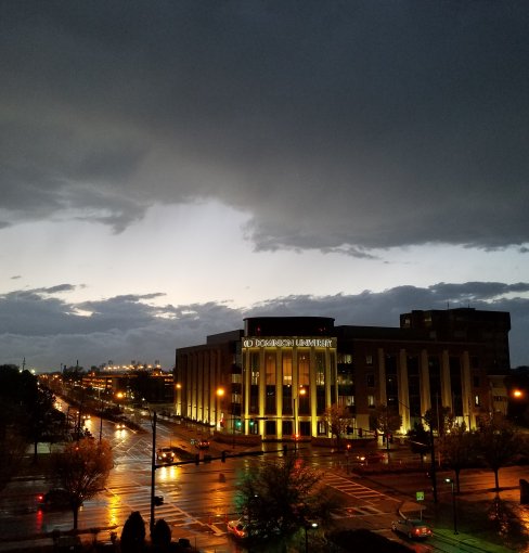 education building after a rainstorm