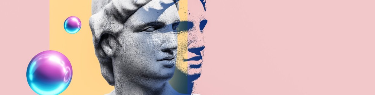 A stone bust with bubbles on a pink background. 