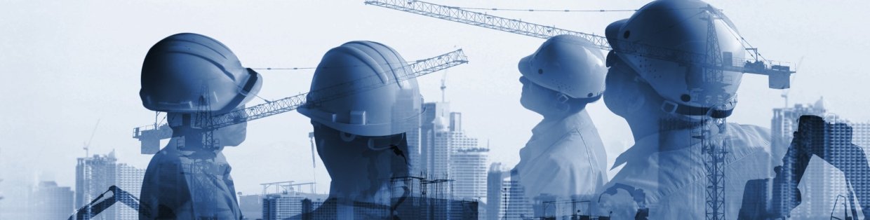 graphic design image of builders with hardhats looking up at cranes. 
