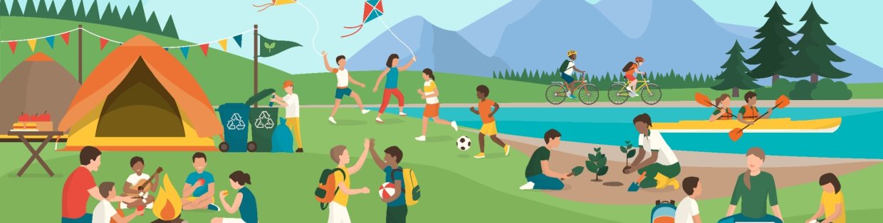 graphic design image of people at camp with mountains and a lake in the background.