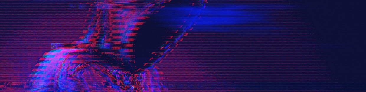 hooded figure on a purple washed digital board that's fizzeling out. 