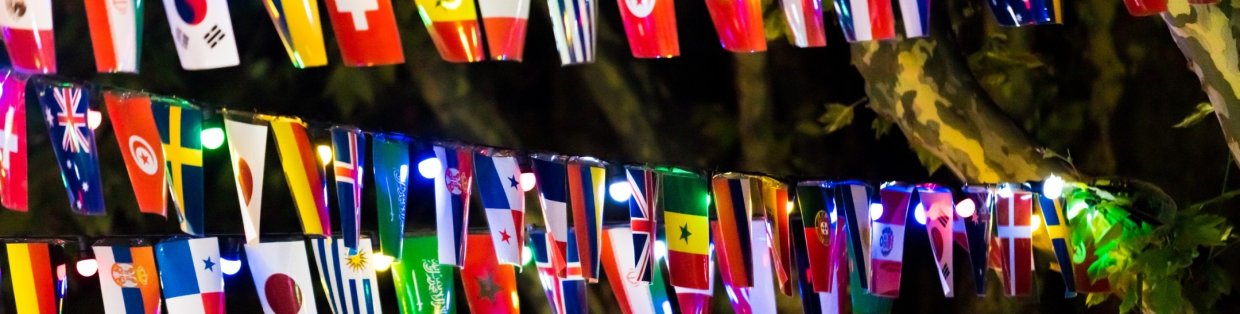A string of international flags. 