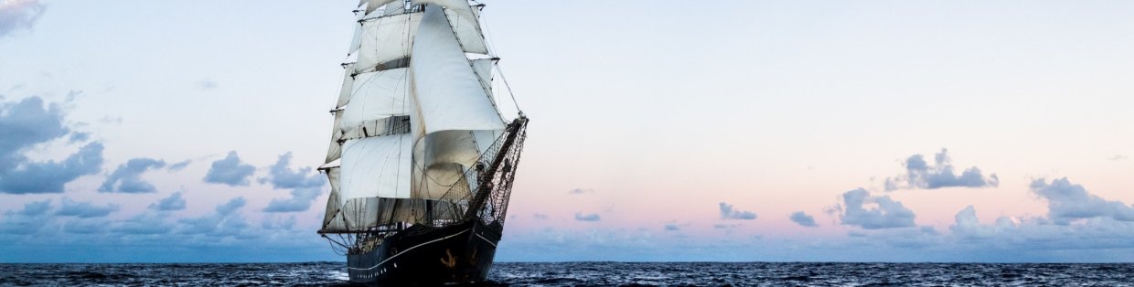 A pirate ship out to sea with all its flags at mast.