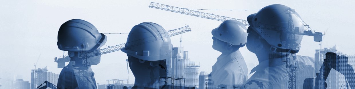 A group of builders wearing hard hats looking up at industrial cranes. 