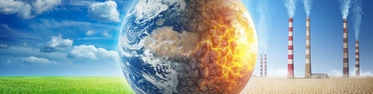 Earth on a background of grass and clouds versus a ruined Ea