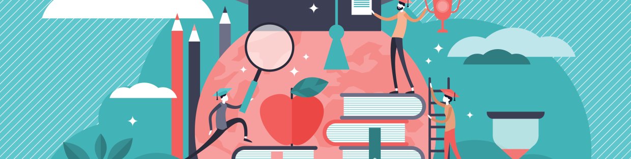 educational foundations banner image with a person climbing books to get to the top of the graduation hat.