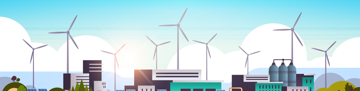 Wind turbines and a row of storage unit shipping containers. 