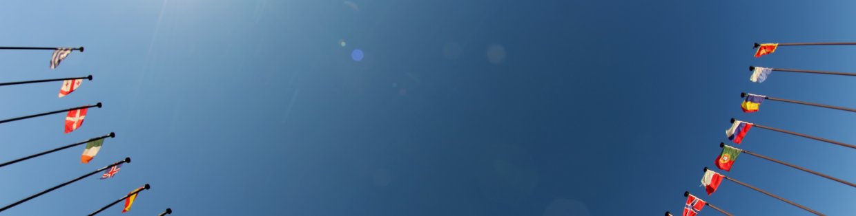 looking up at a rounded row of international flags.