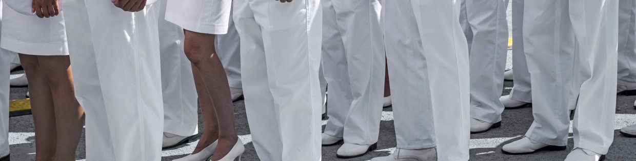 Rows of male and female Navy officers at parade rest