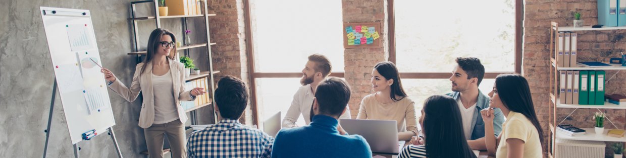 a women making a presentation to a group of professionals. 
