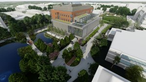 Aerial view of new biological sciences building rendering.