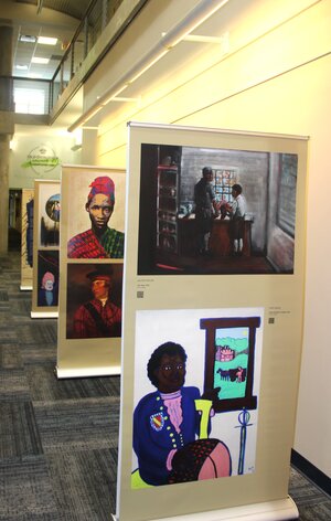 wide shot of a painting gallery