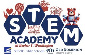stem academy at booker t washington logo. stem written out in colors and a robot bear cartoon
