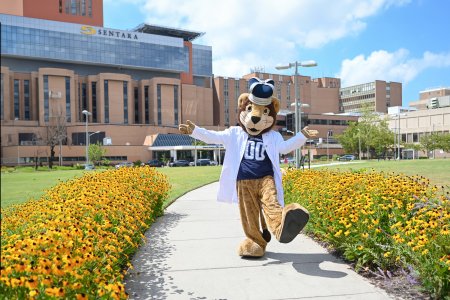a costumed person walks down a sidewalk 
