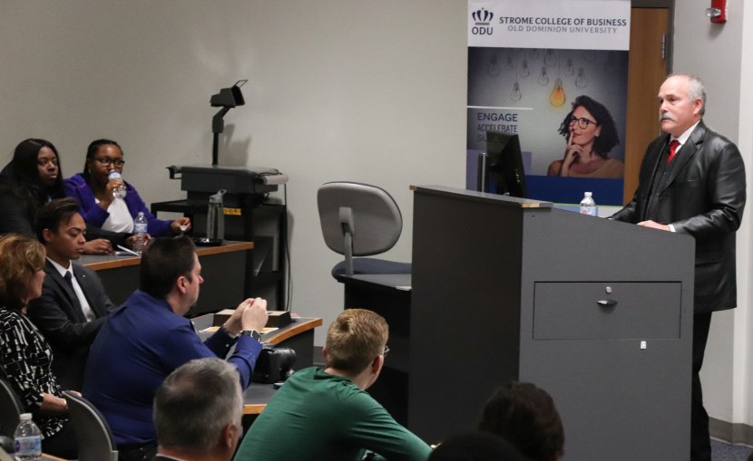 Stan Crater speaks at the Strome College of Business.