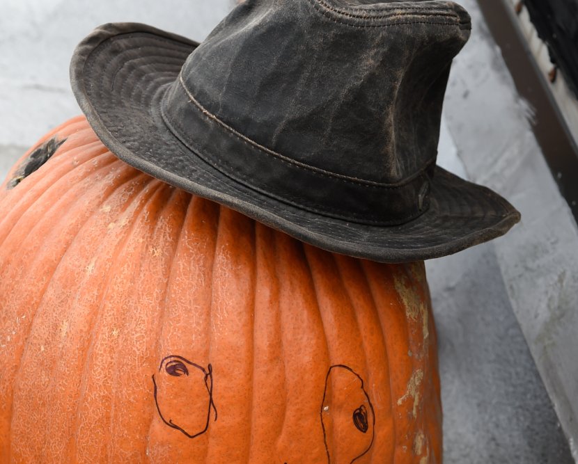 The drawn-on eyes and hat did not save this pumpkin from get