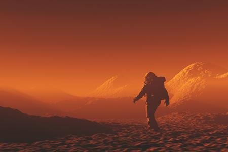 Astronaut walking on the surface of mars with mountains in t