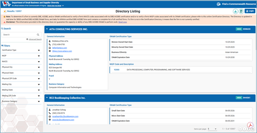 SWaM directory search page showing available search options for locating certified vendors
