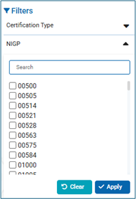 Search filter panel showing NIGP Code search options, including a search field and list of available codes