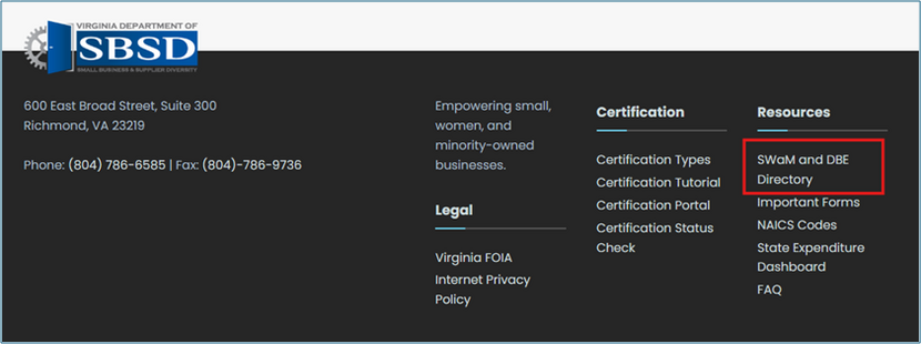 Virginia SBSD home page showing the Resources section with the SWaM and DBE Directory link highlighted.
