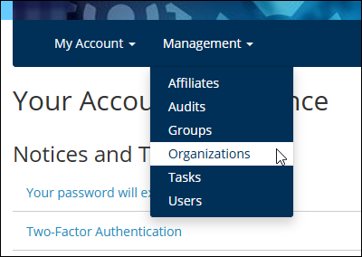 MIDAS Organizations Menu