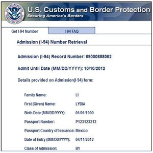 Screenshot of I-94 number retrieval on U.S. Customs and Border Protection website