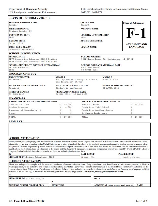 Sample I-20 Form