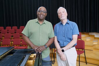 Douglas Owens, D.A., the University’s F. Ludwig Diehn Endowed Chair in Music, poses with Professor of Jazz Studies John Toomey. Image credit: Sam McDonald