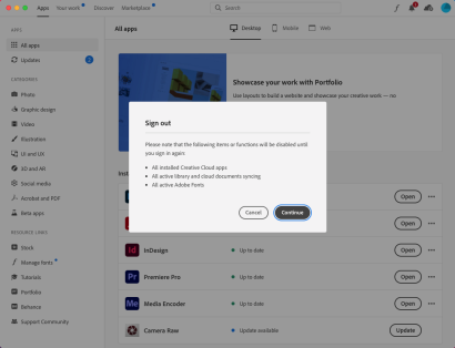 Creative Cloud Sign Out