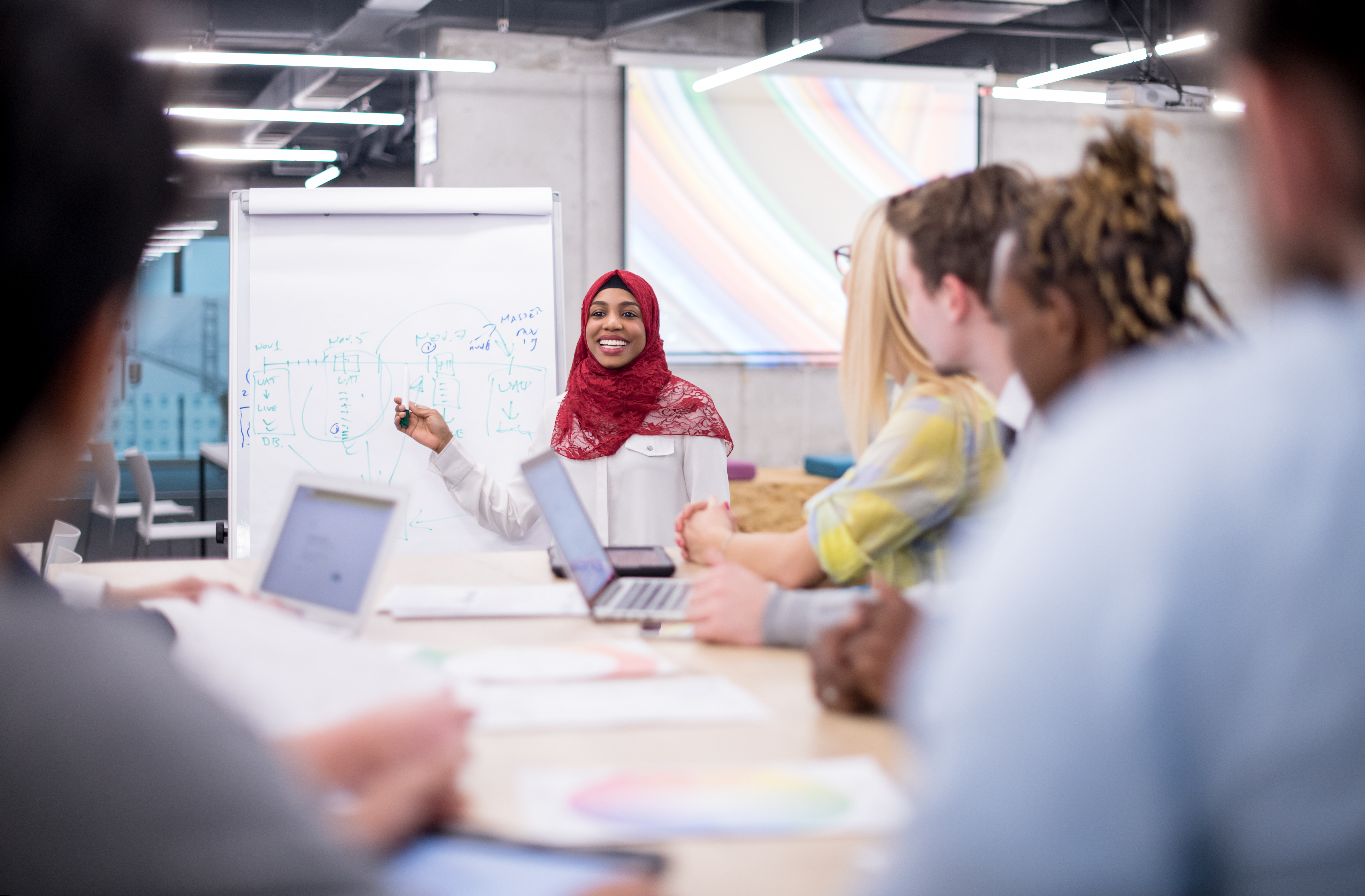 Muslim businesswoman giving presentations at office